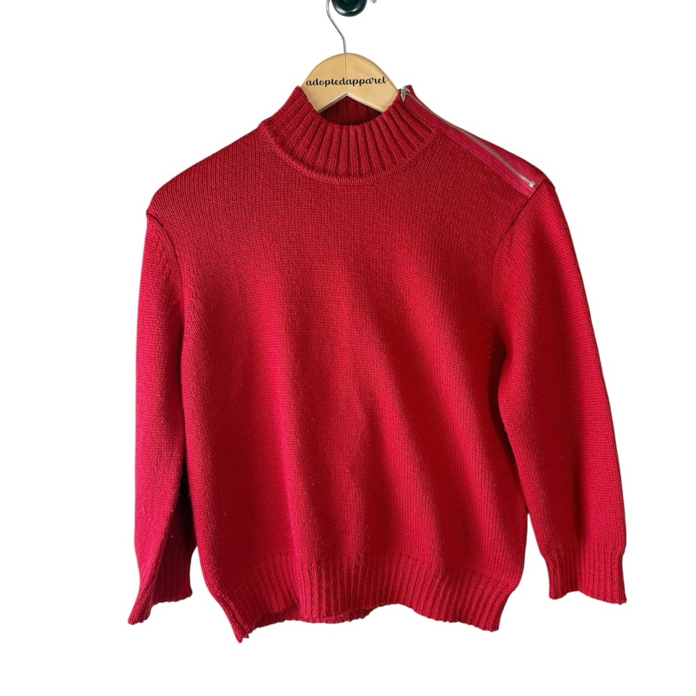 St. John Red 100% Wool Mock Neck Sweater with Shoulder Zipper Size S